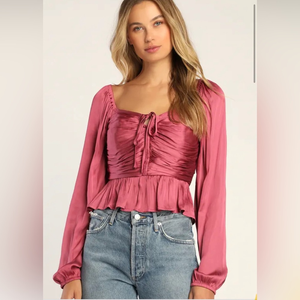 Mauve Satin Pleated Bubble Sleeve Top